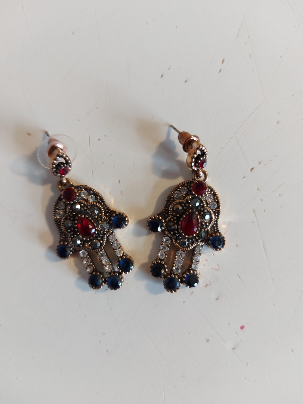 Gold-Tone Hamsa Drop Earrings with Red and Blue Stones